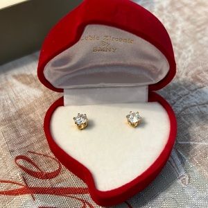 BMNY cubic zirconia round stud earrings In red velvet heart shaped box.